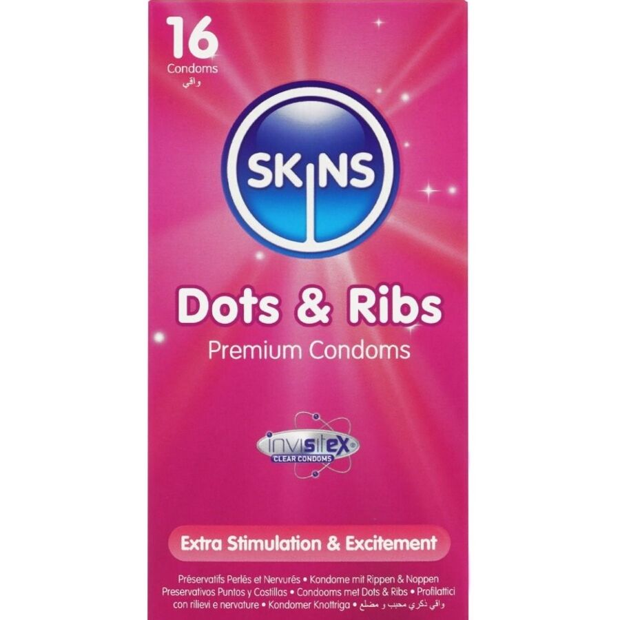 SKINS - DOTS  RIBS PREMIUM PRESERVATIVOS PACOTE COM 16