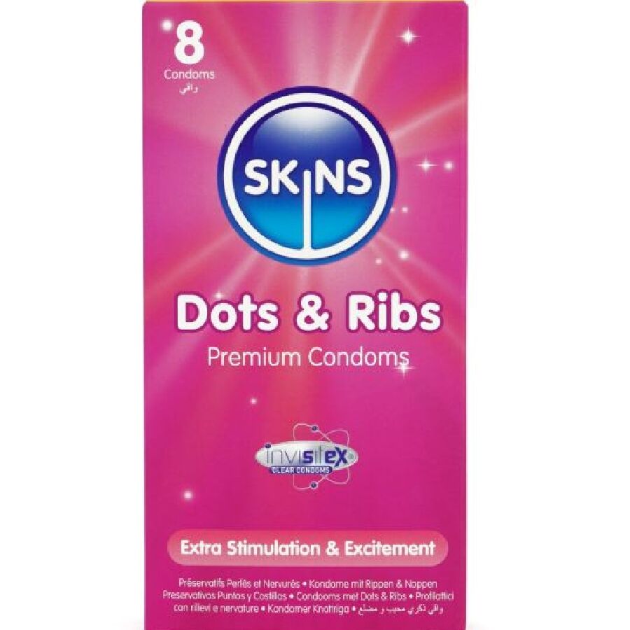 SKINS - DOTS  RIBS PREMIUM PRESERVATIVOS PACOTE 8